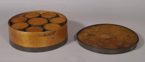 S/5008 Antique Treen American Bass Wood Spice Box and Containers