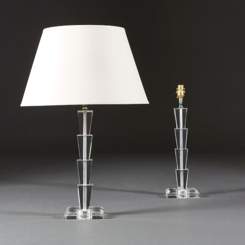 A Pair of Stepped Lucite Column Lamps