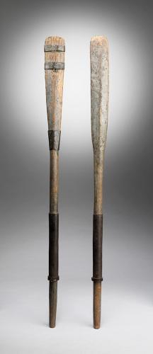Delightful Small Pair of Vintage Oars With Original Leather and a Strap Metal Repair Worn and Weathered Painted Wood English, c.1900