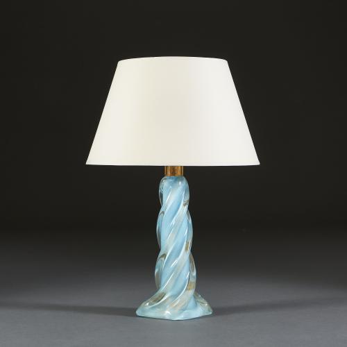 Light Blue Spiral Glass Lamp with Gold Flecks