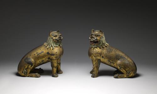 Pair of wood and lacquer komainu