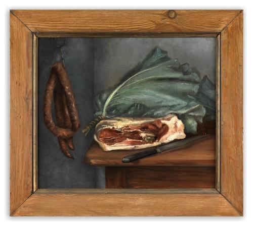 English C19th Primitive School A Joint of Beef with Sausages and Cabbage Oils on Canvas English, c.1860