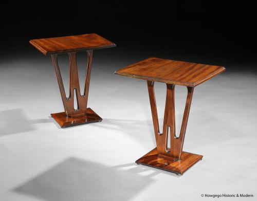 Pair of Teak Modernist Occasional Tables with Fretwork Trestle Bases