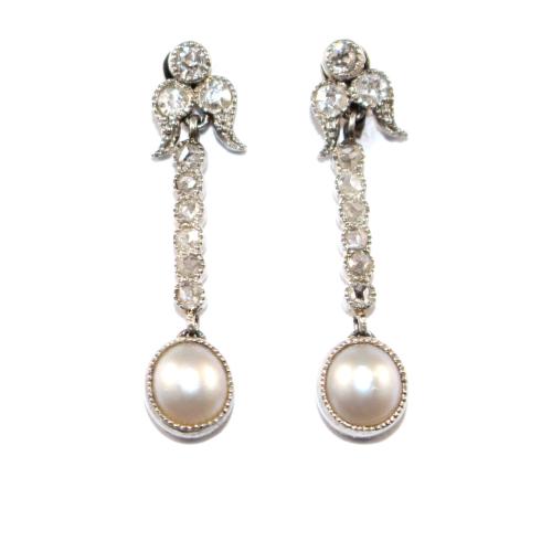 Edwardian Pearl and Diamond Drop Earrings circa 1920