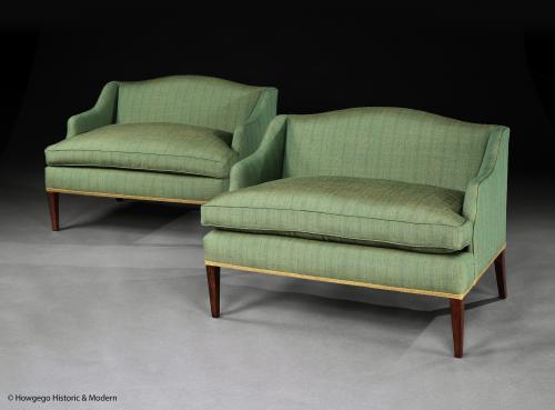 Pair of Petite Green Linen Love Seats, circa 1880