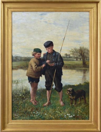 Genre oil painting of two boys fishing by Herbert ‘William’ Weekes