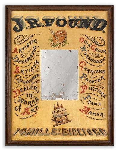 Fine Early Trade Sign for "J. R. Pound" "Artistic Decorator, Artist's Colourman, Dealer in Works of Art…" etc Hand Painted and Signwritten Card and Mirror Glass English, Bideford, c.1900