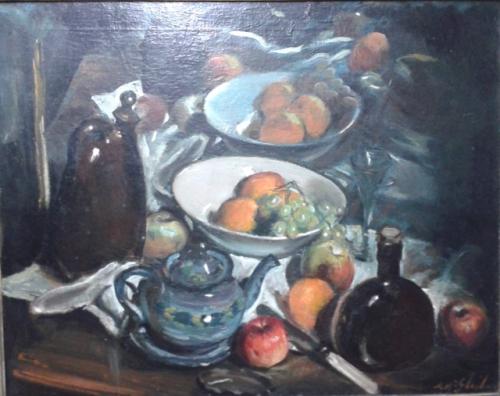 Still Life with Fruit, Crockery, Silver and a Mirror by Archibald Arthur McGlashen (1888-1980)