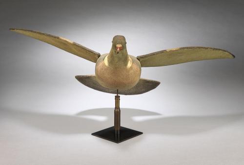 Exceptional Articulated Working Wood Pigeon Decoy In Flying Posture with Fan Tail and Spread Wings Wood and Various Media Clad in Hand Painted Canvas English, Lake District, c.1930 Stamped "DF" for Daniel Foster, Maker, and Former gamekeeper at Cockermouth Castle