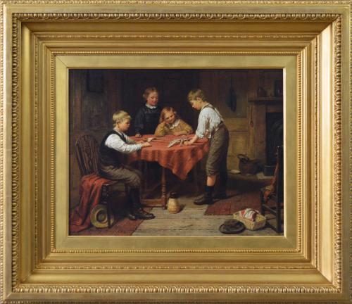 Genre oil painting of children with a model aeroplane by Harry Brooker