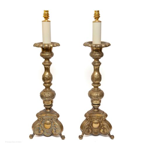 Pair of 19th century brass repousse pricket candlesticks