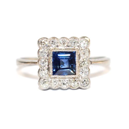 Art Deco Square Sapphire and Diamond Cluster Ring circa 1930