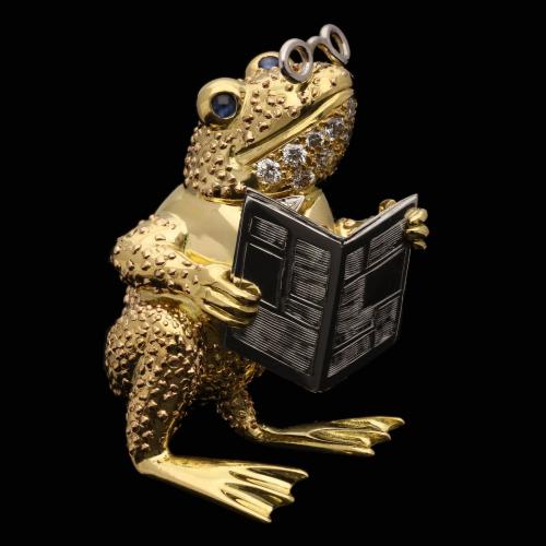 Wolfe Diamond Sapphire 18 Carat Gold Whimsical Toad Brooch