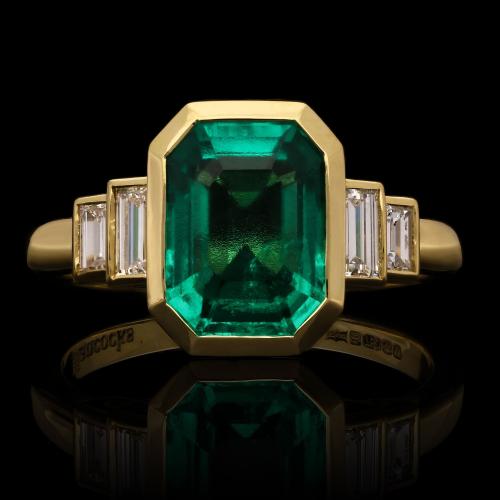 Colombian Emerald Ring Baguette Diamond Shoulders