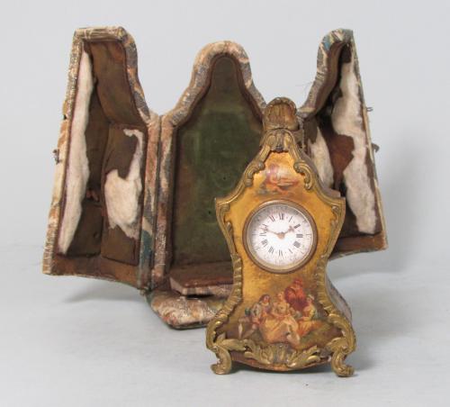 Drocourt miniature Vernis Martin mantel clock with case