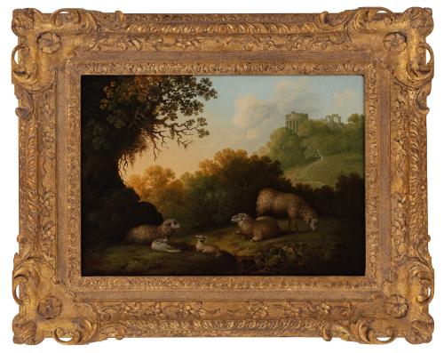 Sheep resting in a woodland landscape with classical ruins beyond, James Lambert (Lewes 1725-1788)