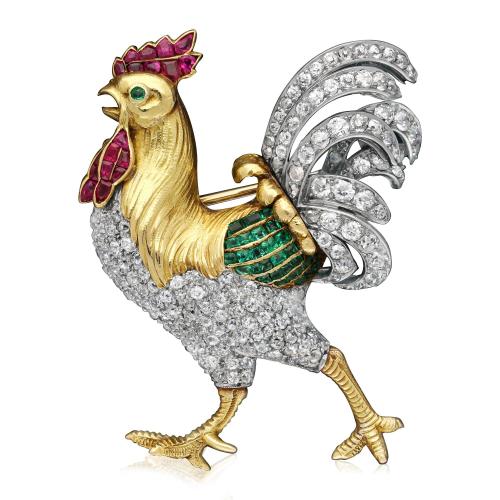 Edwardian Diamond Ruby And Emerald Walking Rooster Brooch In Platinum And Gold Circa 1910