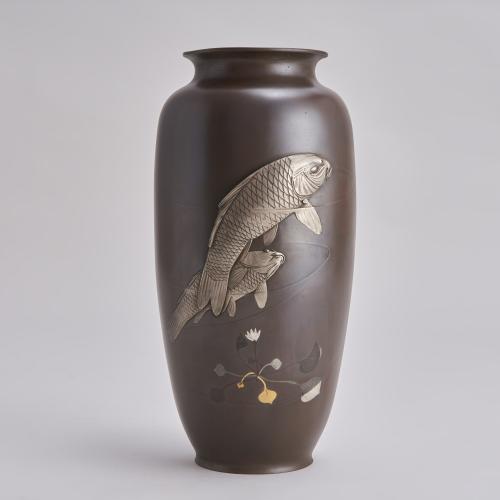 An attractive Bronze vase with Silver Carp decoration (Japanese, late 19th Century)