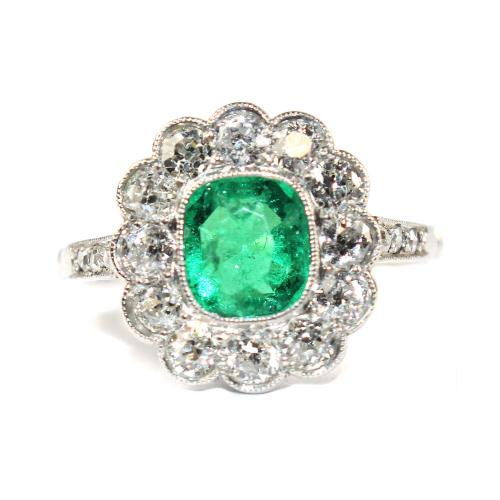 Art Deco Emerald and Diamond Cluster Ring circa 1930