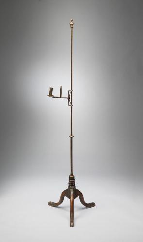 Fine Georgian Vernacular floor Standing Tripod Lighting Device Incorportating and Adjustable rushlight and Candle socket Hand Wrought Metal and Carved Wood English, c.1770