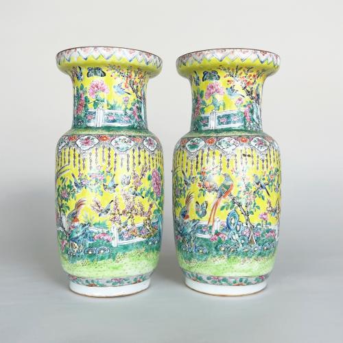 19th Century yellow ground famille rose vases