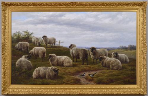 Landscape oil painting of Sheep with two Magpies by Charles Jones