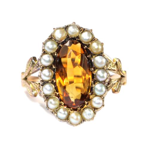 Victorian Citrine and Pearl Cluster Ring circa 1880