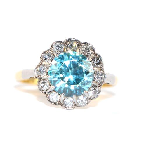 Edwardian Blue Zircon and Diamond Cluster Ring circa 1920