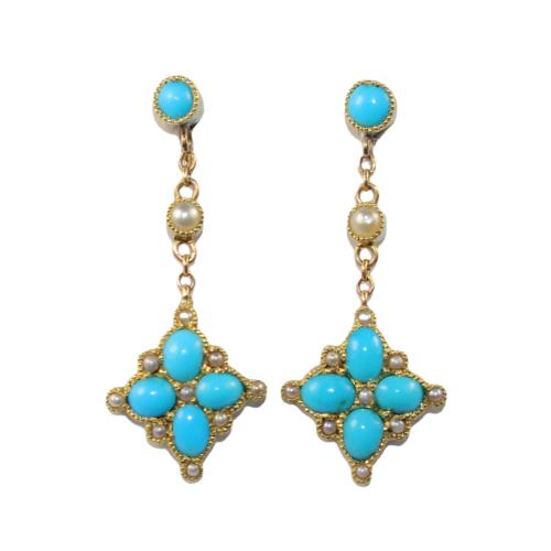 Victorian Turquoise and Pearl Drop Earrings circa 1890