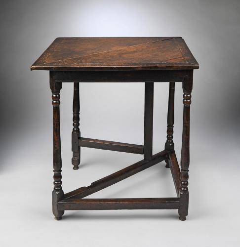 Rare Queen Anne Period Triangular Drop-Leaf Corner Table  The Cleated Top Raised on Joined Turned Frame Base  Richly Patinated Nutty Coloured Oak  English, c.1705