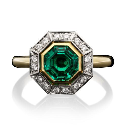 Hancocks Contemporary 1.20ct Octagonal Colombian Emerald And Diamond Ring