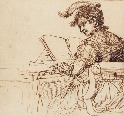 Richard Cosway (1742-1821), A lady playing a keyboard wearing sixteenth century dress, 1785-1790
