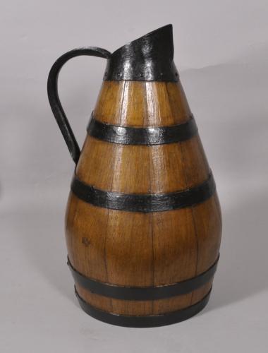 S/5188 Antique Treen Early 20th Century Oak Iron Coopered Olive Oil Jug