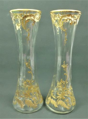 A pair of optically blown crystal glass vases with heavy paste gilt decoration, Webb, England circa 1890
