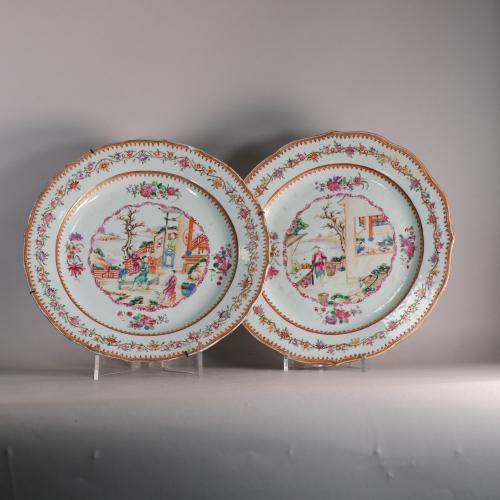 Chinese famille rose chargers, Front of pair of dishes