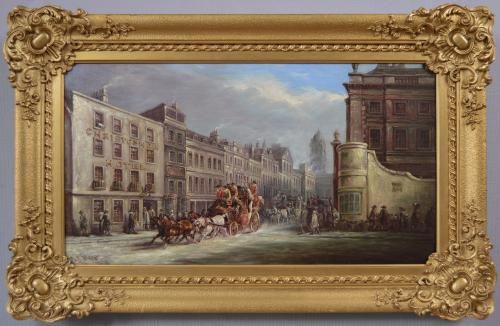 Coaching scene oil painting of Bath High Street by John Charles Maggs