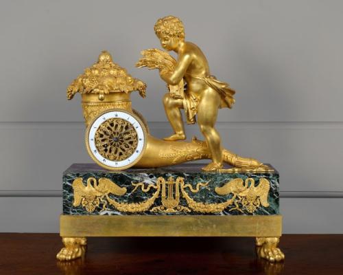 French Empire verde antico and ormolu table clock