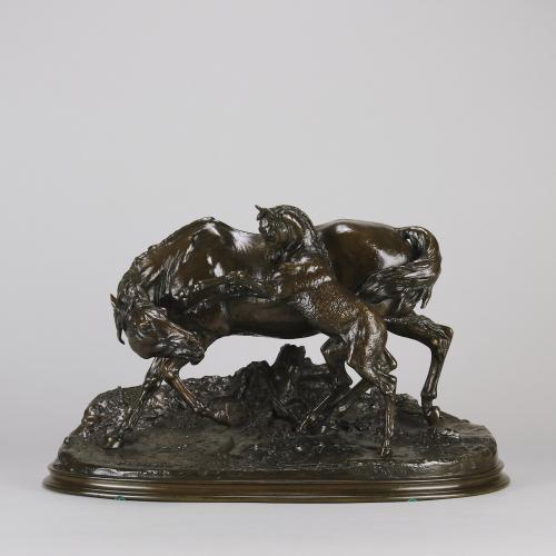 19th Century French Art Nouveau bronze entitled 'Jument Arabe et Son Poulain No.1' by Pierre Jules Mêne