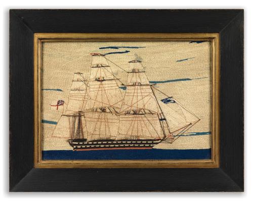 Fine Small Sailorwork Ship Portrait Depicting a Rigged Three Mast Ship of the Line Finely Embroidered  Coloured Wools and Thread on Canvas English, c1840