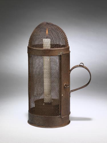 Rare Dome Topped Candle Lantern or Stable Light Of Cylindrical Form with Loop Handle Moulded Tin and Wire Gauze English, c.1850 