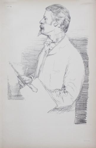 Sir William Rothenstein (1872-1945). Lithographic portrait of Walter Crane holding a palette