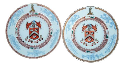 Kangxi Period Chinese Export Armorial Plates with Coat of Arms of  Gosselin, Circa 1720, A Pair.