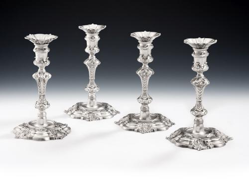 George IV Cast Rococo Revival Candlesticks made in London in 1824 by Timothy Smith and Thomas Merryweather