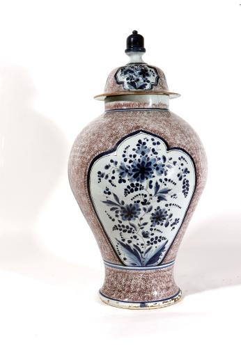 German Faience Powdered Manganese & Blue Large Vase & Cover