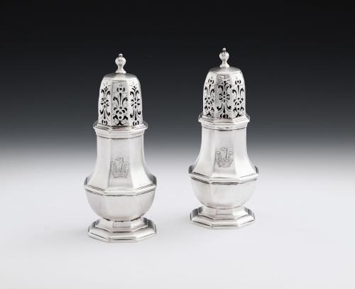 A very rare pair of George I Britannia Standard Octagonal Pepper Casters made in London in 1721 by Samuel Welder