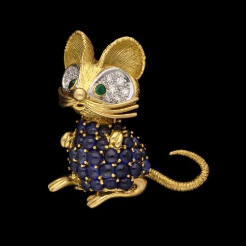 Sapphire Diamond And Gold Mouse Brooch