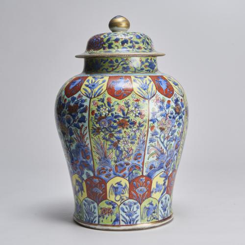 An impressive 18th Century Chinese Clobbered temple jar and cover