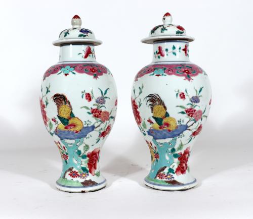 Chinese Export Porcelain Baluster Famille Rose Vases & Covers, Circa 1740-50