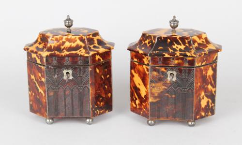 George IV period miniature tortoiseshell tea caddies