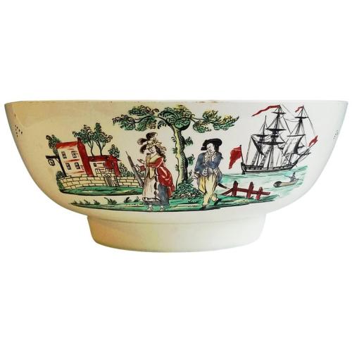 English Creamware Pottery Large Sailor's Farewell Bowl with a Chinoiserie Scene on the Reverse